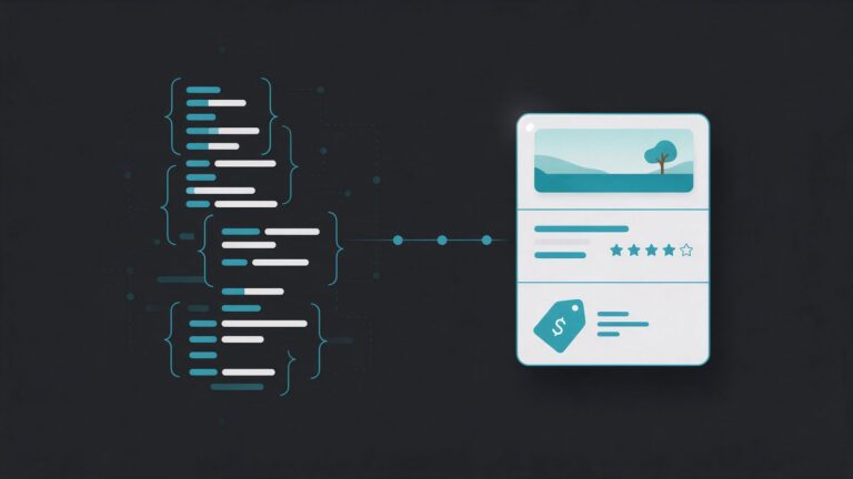 Structured data for SEO: illustration of code lines with braces linked to a product card with stars and a price tag