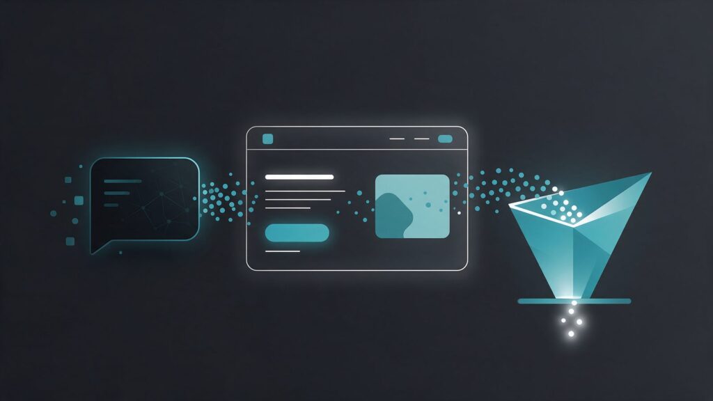 Taxa de conversão de landing page: ilustração de uma conversa que leva visitantes a uma landing page e depois a um funil de conversão