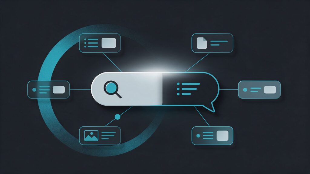 Illustration of what GEO is: a search bar turning into an AI answer linked to source cards